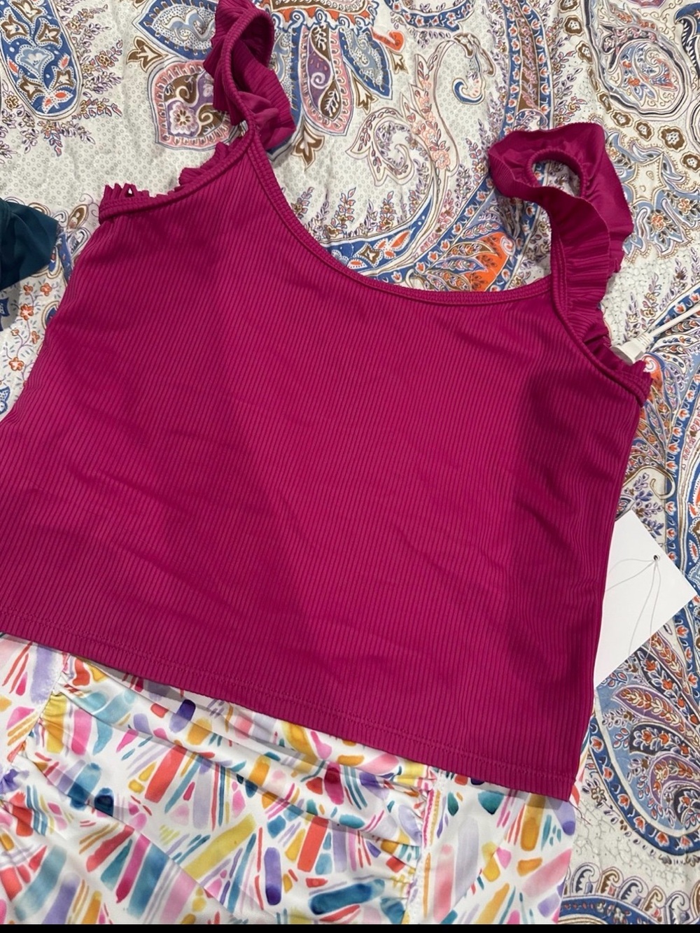 Kortni Jeane Magenta Ribbed Ruffle Strap Crop Tank and NWT watercolor bottom